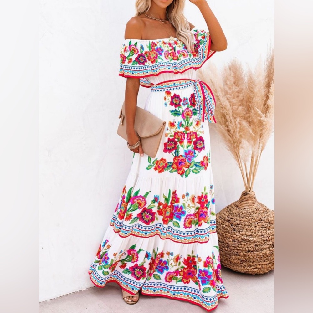 Natural Breeze Floral Off Shoulder Ruffle Maxi Dress S-2XL - Picture 4 of 8